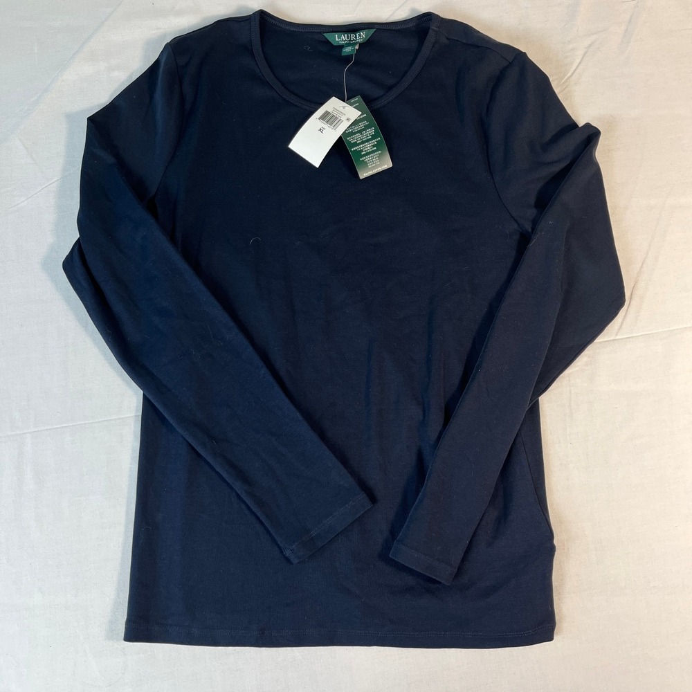 Lauren Ralph Lauren Top Women XL Navy Blue New Imperfect Long Sleeve Crew Neck